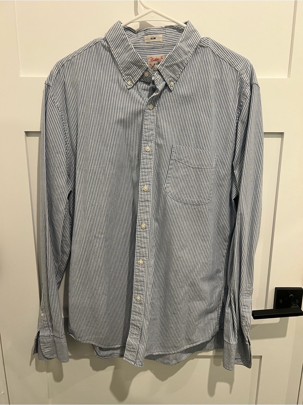 J. Crew Men's Blue and White Striped Button-Down Shirt